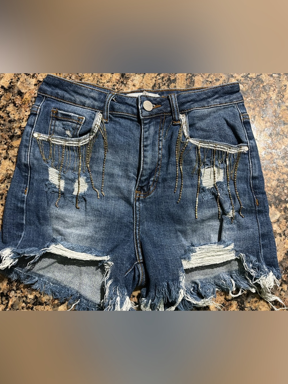 Risen size small Embellished Dark Blue Denim Shorts with Frayed Hem